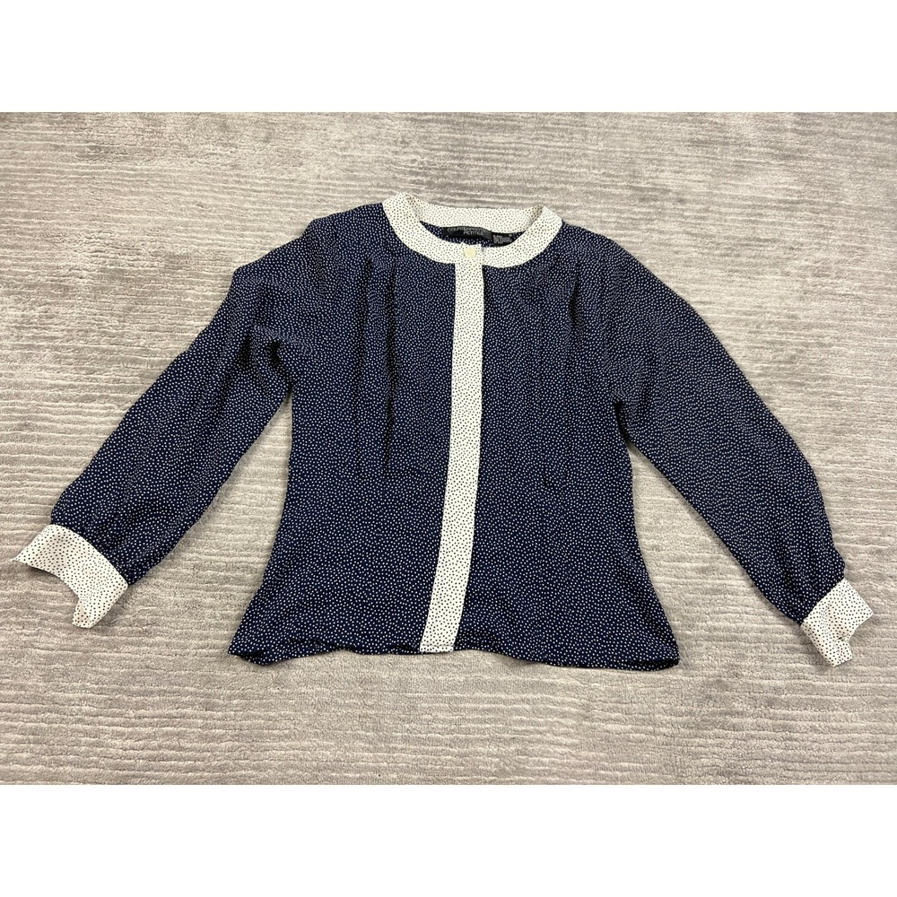 Counterparts Blouse Womens 10P Navy Blue Polka Dot Long Sleeve Button Up Classic